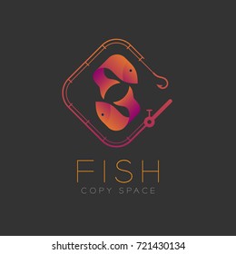Two Fish or Pisces symbol icon and fishing rod set orange violet gradient color design illustration isolated on dark background with Fish text and copy space, vector eps10
