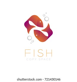 Two Fish or Pisces symbol icon and air bubble set orange violet gradient color design illustration isolated on white background with Fish text and copy space, vector eps10