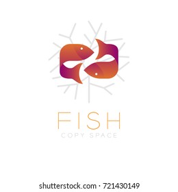 Two Fish or Pisces symbol icon and coral set orange violet gradient color design illustration isolated on white background with Fish text and copy space, vector eps10