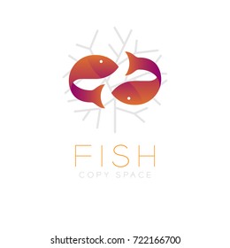 Two Fish or Pisces symbol icon and coral set orange violet gradient color design illustration isolated on white background with Fish text and copy space, vector eps10