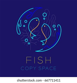 Two Fish or Pisces, Water splash,  Coral, Seaweed and Air bubble logo icon outline stroke set dash line design illustration isolated on dark blue background with Fish text and copy space
