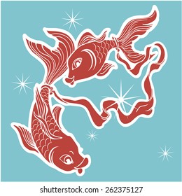 Two fish. Pisces zodiac sign. Vector Illustration. 1. 
Red shapes on a turquoise background.