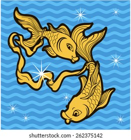 Two fish. Pisces zodiac sign. Vector Illustration. 2.
Yellow shapes on a blue background.