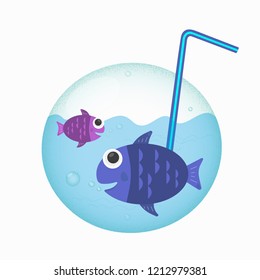 two fish swim in a soap bubble with a drinking tube