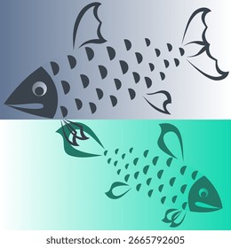 Dois peixes nadando em direções diferentes, silhueta para impressão em camisetas, tecidos, roupas.