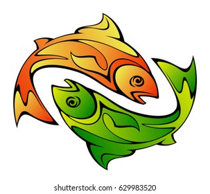 Two fish swimming in opposite directions on a white background