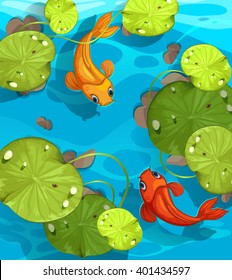 Two fish swimming in the pond illustration