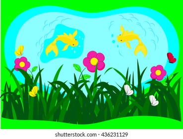 Two fish swimming in the pond illustration