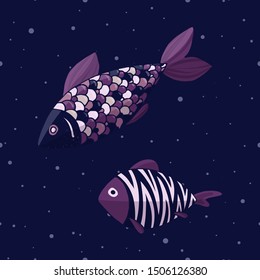 two fish swimming underwater; hand drawn illustration in cartoon style