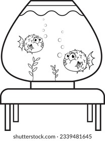 Dos peces en un tanque sobre la silueta de la mesa se colocaron profesionalmente sobre un fondo blanco