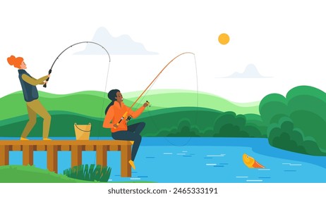 Two fisherman girls catch fish on wooden pier with fishing rods in river summer landscape. Female friends throw bait in water of pond, cute scene with happy fishing cartoon vector illustration