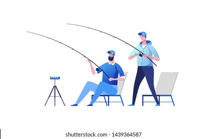 Two fisherman at river bank. Fishing sport, outdoor summer recreation, leisure time. Vector illustration.