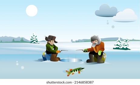 Two fishermans on winter fishing garfish, sunny day. Winter landscape