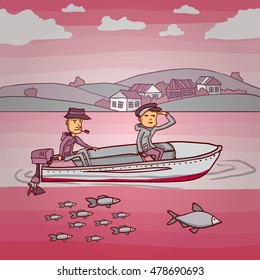 Two fishermen in a boat on the river. Hand drawn cartoon vector illustration.
