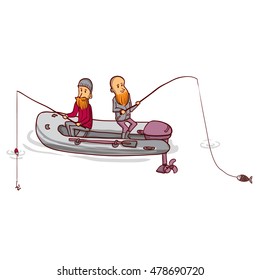 Two fishermen in a boat on the river. Hand drawn cartoon vector illustration.