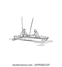 Two fishermen in a boat with paddles and fishing rods. Drawn in black and white as a vector. Hand drawn line illustration.