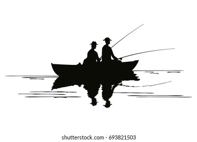 Two fishermen catch fish on the river in a boat.