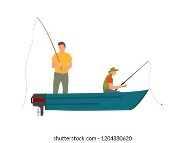 Two fishermen with fishing rods on blue motor boat cartoon vector illustration. Bright clothed standing and sitting men color model fishery poster.