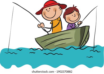 Two Fishermen with Fishing Rods on Boat stock illustration , Stick Figure Men fishing vector