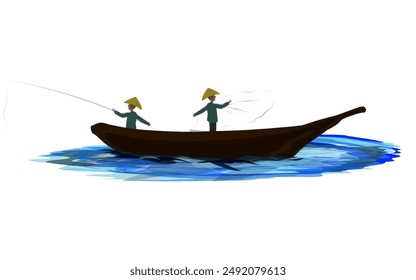 two fishermen are fishing with a wooden boat in the sea