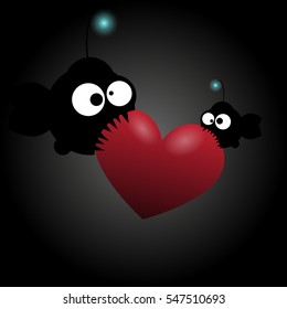 Two fishes with big eyes. Red hearts. Vector illustration