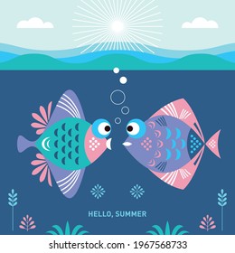 Two fishes in the blue sea. Vector illustration, banner, poster, card template