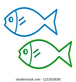 Two fishes, Christmas symbol, vector icon. Blue and green fish. Contour drawing, isolated object.