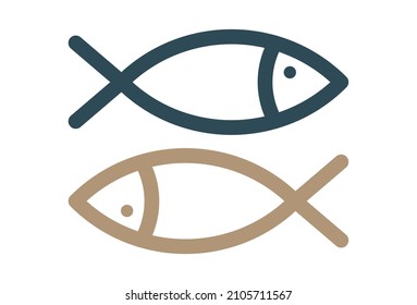 Two Fishes Jesus Lives Logo Symbol Design. Vector Logo Template. A modern emblem of fish silhouette fishing seafood restaurant. Fresh organic salmon, tuna, lobster, goldfish. EPS10