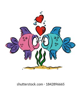 Two fishes kiss cute vector illustration. Funny underwater animal fish isolated on white background