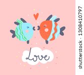 Two fishes kissing couple cute vector illustration. Romantic doodle card concept with lettering