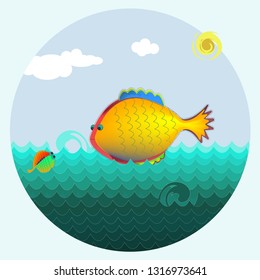Two fishes look at each other in the sea against the blue sky, the sun and clouds