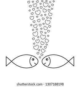 Two fishes in love. Hearts-bubbles. Valentine's Day card. Vector illustration.