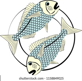 Two fishes on a plate. Can be used as a horoscope sign or an icon for food