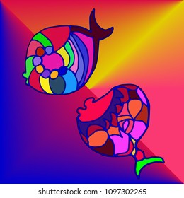 Two fishes. Stylized image of fish in color. For any design. For fashion 