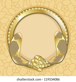 Two fishes surrounded the golden plate represent abundant and good luck decorated with flower pattern background.