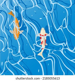 two fishes swimming in the blue water, vector, illustration, background