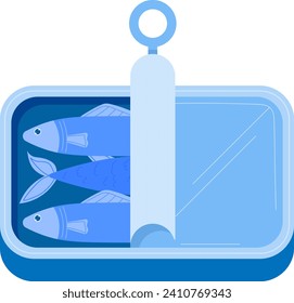 Dos peces en una lata de lata con el anillo de la parte superior. Gráfico de comida enlatada, sardinas conservadas o caballa. Ilustración vectorial del concepto de empaque de pescado.