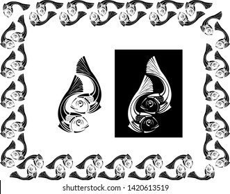 Two fishes together Border design concept - Scroll saw, Tattoo, T shirt design, wall sticker or Intarsia Pattern with dark and white background