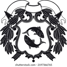 two fishes with vintage label and frame logo handmade vector design