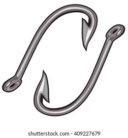 Two fishhooks isolated on a white background. Vector cartoon close-up illustration.