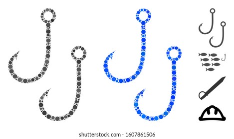 Two fishing hooks mosaic of round dots in different sizes and color tinges, based on two fishing hooks icon. Vector round elements are combined into blue collage.