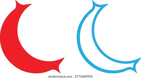 Two fish-shaped symbols, one red and one blue, with curved bodies and pointed tails, on a......