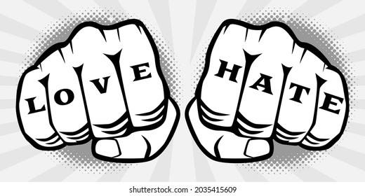 Two Fist Hand With Love Hate Tattoo On Fingers.