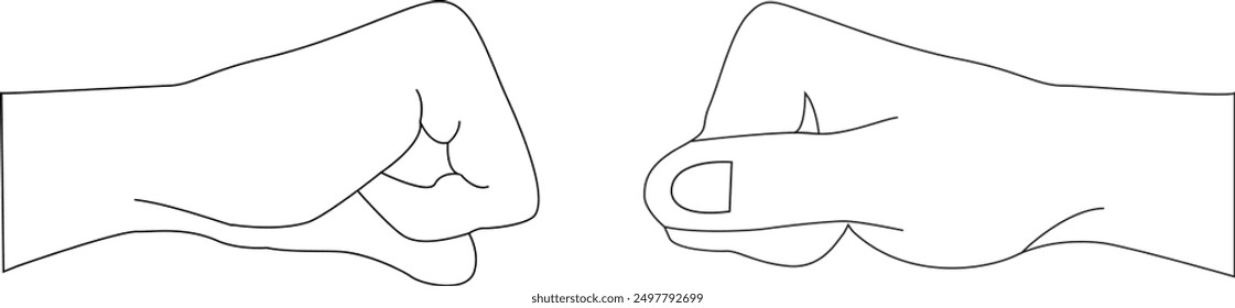 Dos manos de puño moviéndose una hacia la otra para hacer un gesto que significa sellar el trato.  Ilustración vectorial de contorno en color negro con fondo transparente