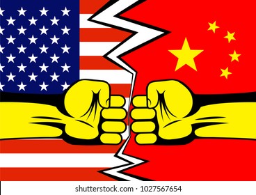 Two fists against the background of American and China flags