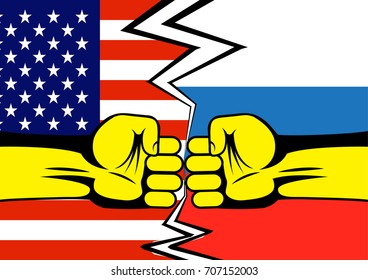 Two fists against the background of American and Russian flags.