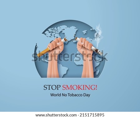 Two fists breaking a cigarette in front of a globe symbolizing unity against smoking. Perfect for health campaigns and global awareness days.