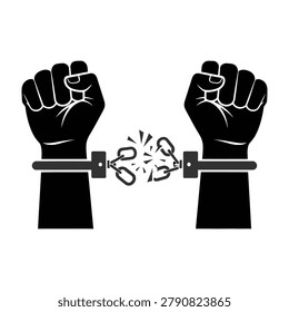 Two fists breaking free from handcuffs symbolizing independence and liberation