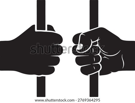 Two fists gripping prison bars, black silhouette on white background