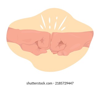 Two fists hitting together 2D vector isolated illustration. Greeting flat hand gesture on cartoon background. Friendly and positive signal colourful editable scene for mobile, website, presentation